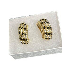 Roman‎ Gold Tone Black Crystal Rhinestone Earrings Half Hoop Huggie Clip On Glam